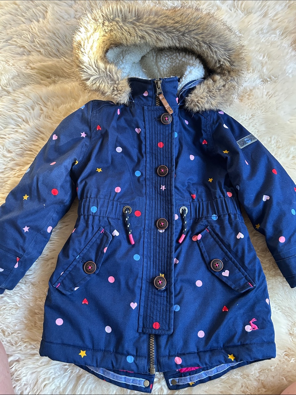 Joules Navy Hooded Puffer with Heart, Star & Dot Print